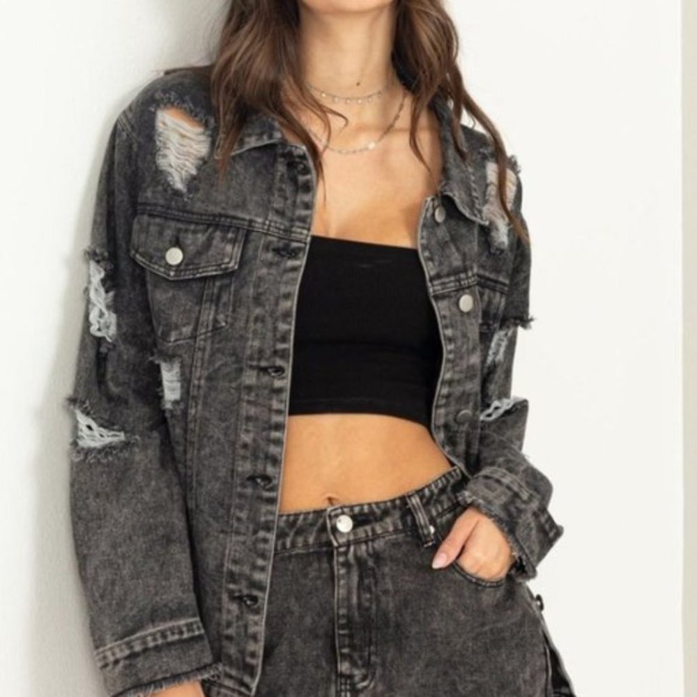 HYFVE Tess Distressed Denim Jacket in Black Denim for Women